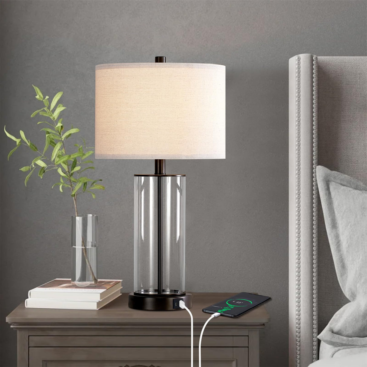 23.5'' Glass Table Lamp Set of 2 for Living Room with USB Ports and AC Outlets