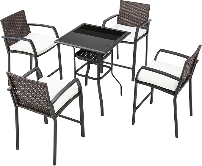 5 PCS Patio Bar Set with 4 Swivel Height Chairs & 1 Square Classic Black Table for Garden