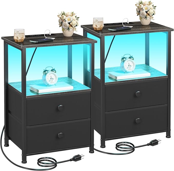 Night Stand Set 2, LED Nightstand with Charging Station