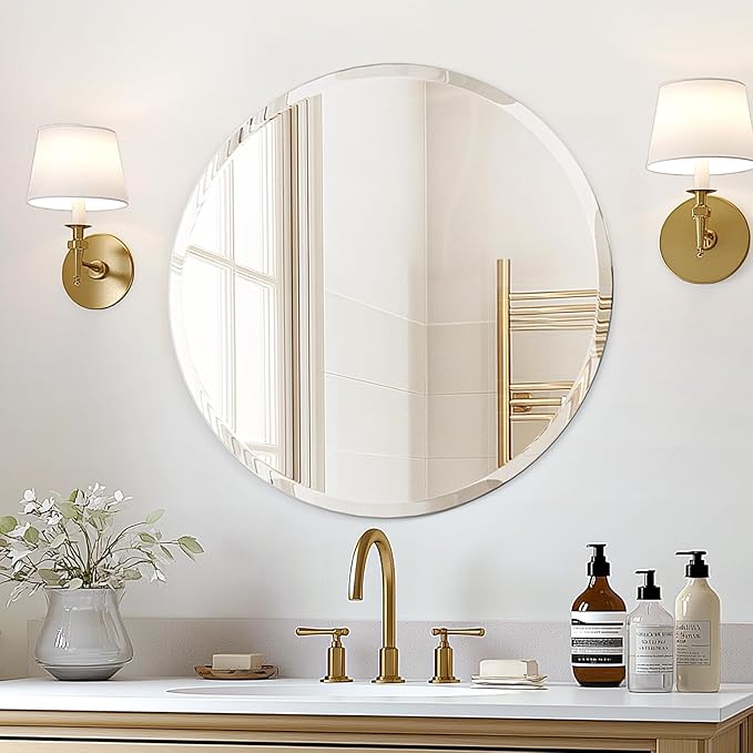 Round Frameless Wall Mirror with Beveled Edge - Circle Mirror for Bathroom & Vanity,