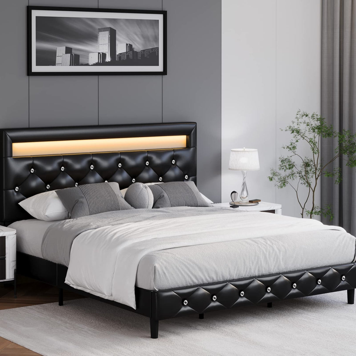 Modern Upholstered Queen Bed Frame with LED Lights