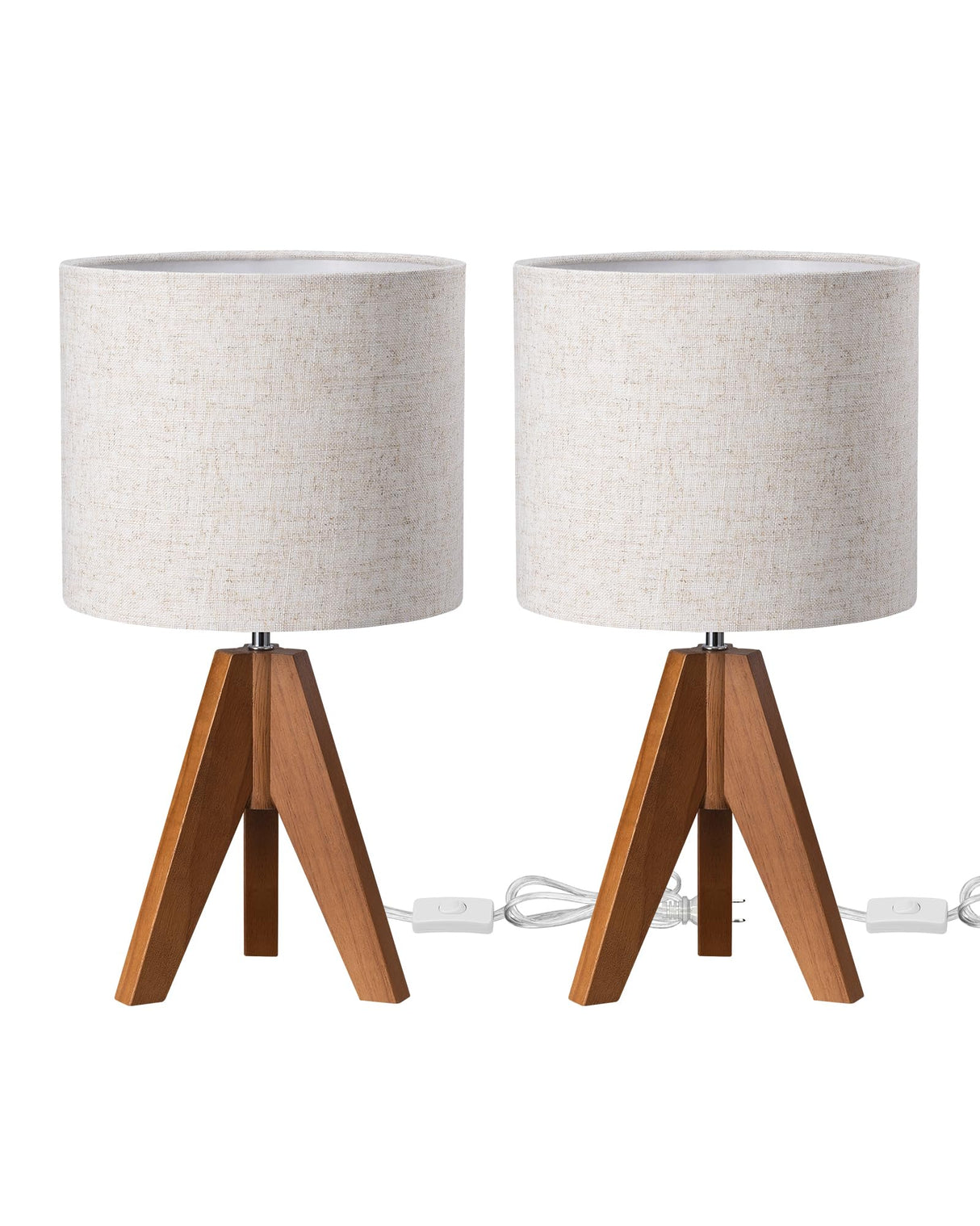 EDISHINE Small Table Lamp, Wooden Tripod Bedside Lamp with Linen Fabric Lampshade, 14.2" Nightstand Lamp for Bedroom, Living Room, Office, 2 Pack