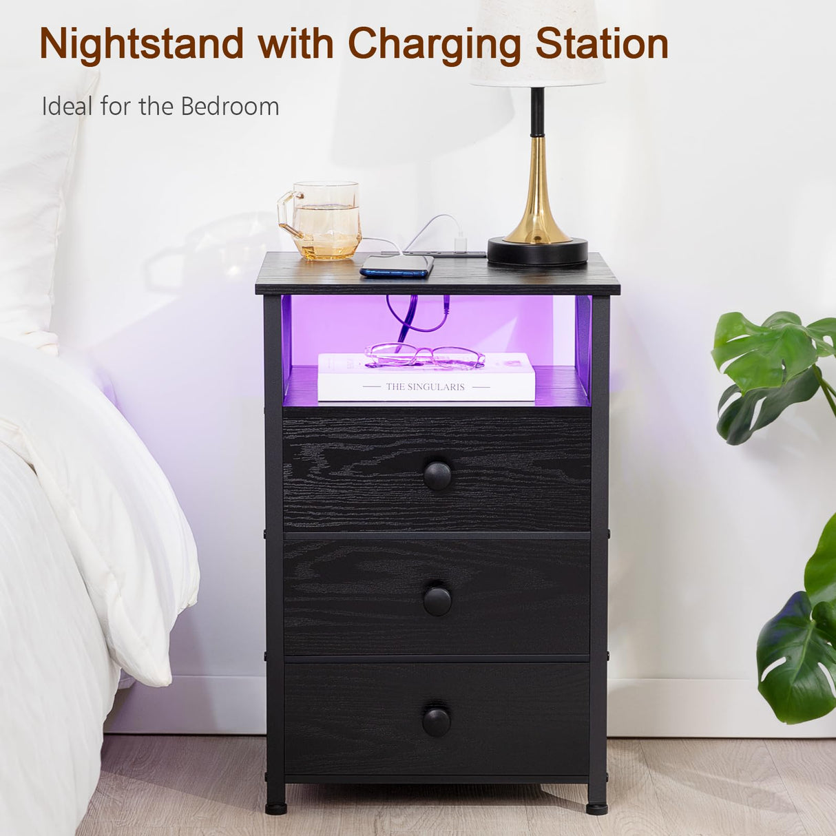 Night Stand Set 2, LED Nightstand with Charging Station, End Side Tables