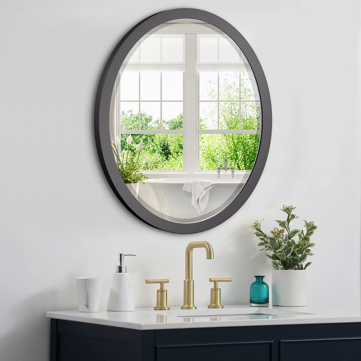 Oval Wall Mirror 23x29 Inch Matte Black Metal Frame