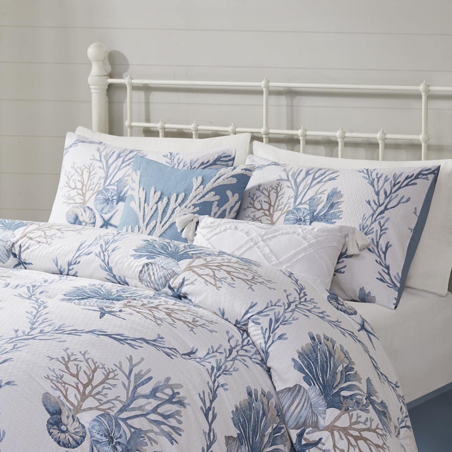 Cotton Comforter Set, Oversized Cover, Seashells, Corals, Starfish Print
