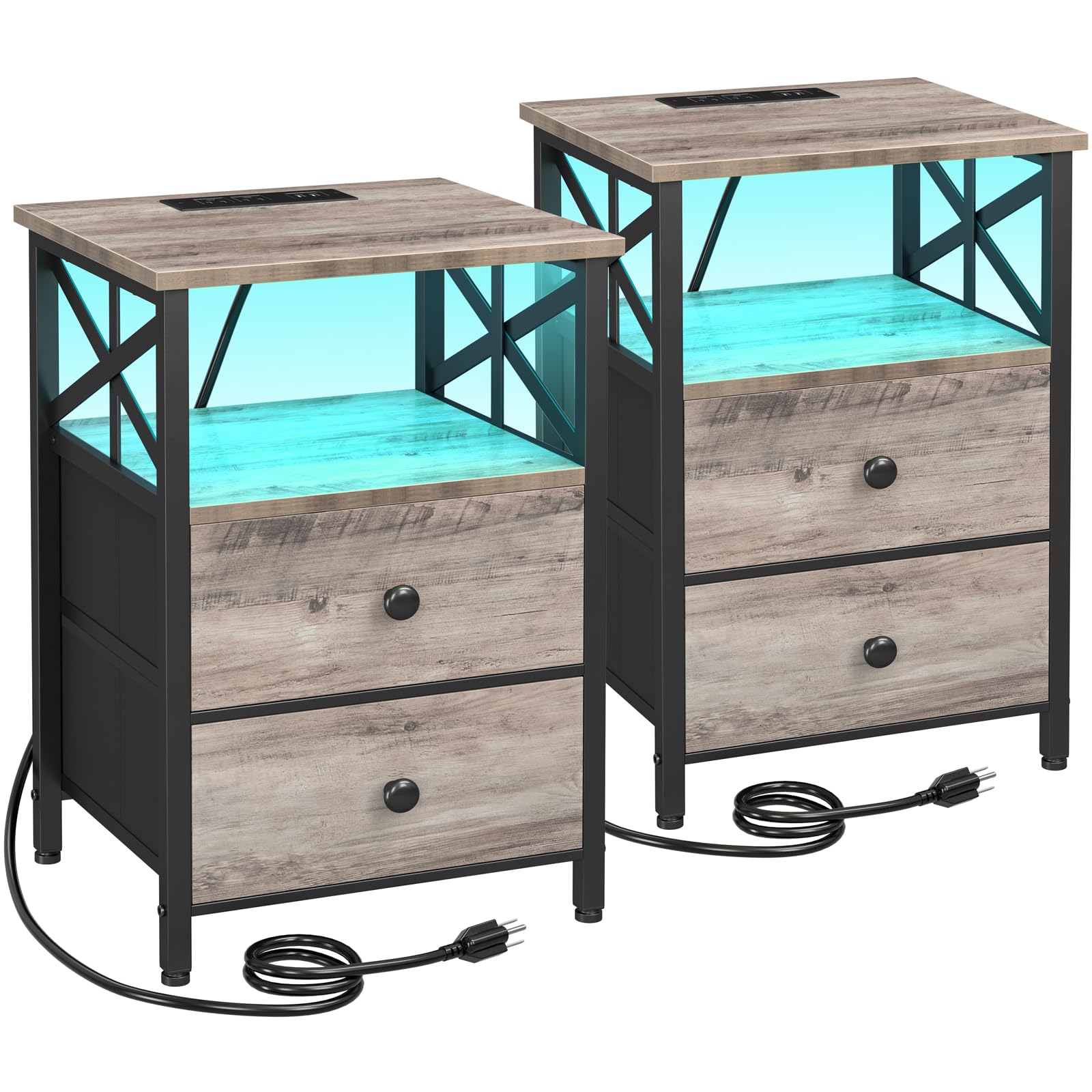 Night Stand Set 2, LED Nightstands for Bedroom Set