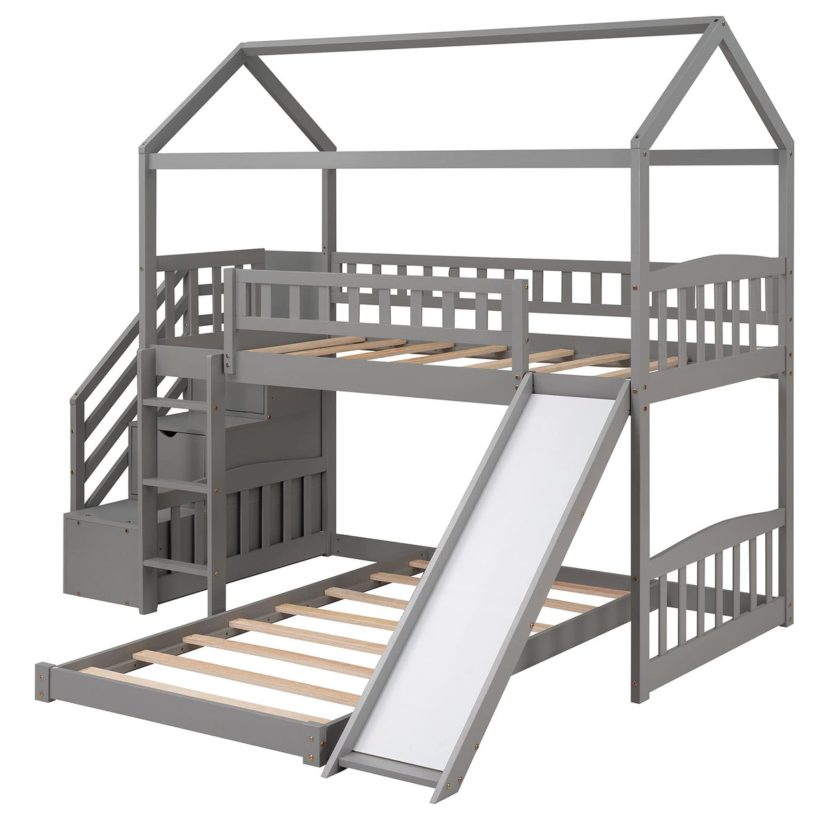 Twin Bunk Bed with Slide, Solid Wood Bunk Loft Bed Frame with Two Drawers Stairs