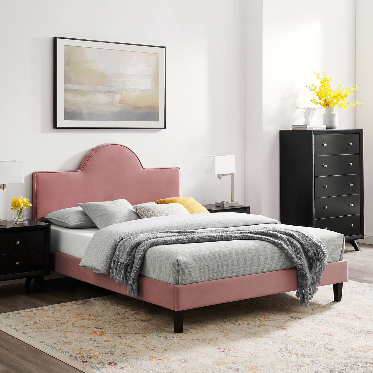 Performance Velvet Queen Bed in Dusty Rose Platform