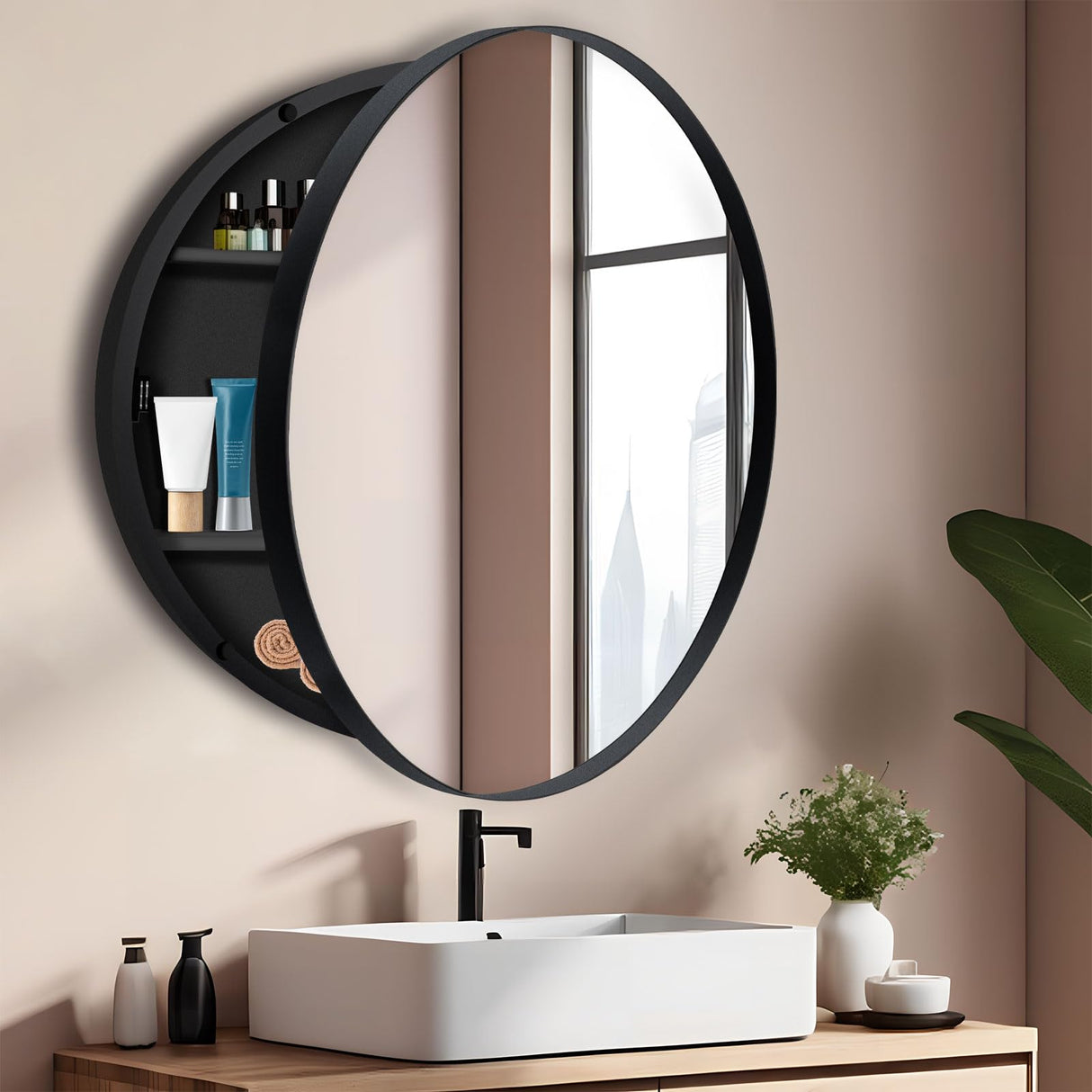 Round Medicine Cabinet with Mirror,Farmhouse Black Bathroom Medicine Cabinet for Wall