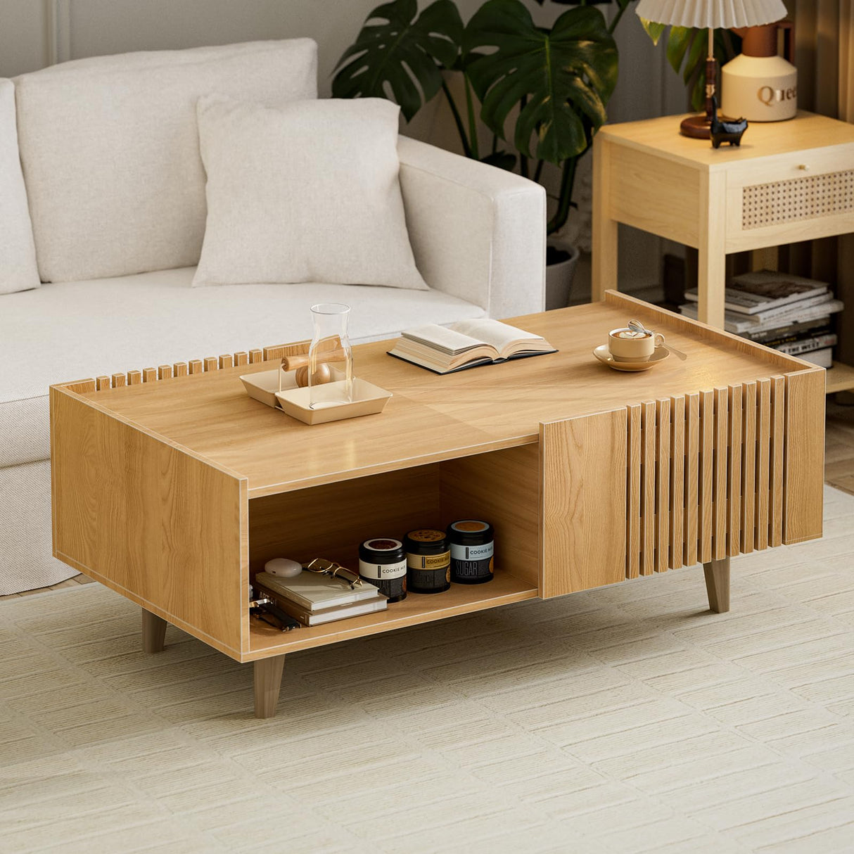 Fluted Coffee Table, Mid Century Modern Center Coffee Table with Cabinet Doors