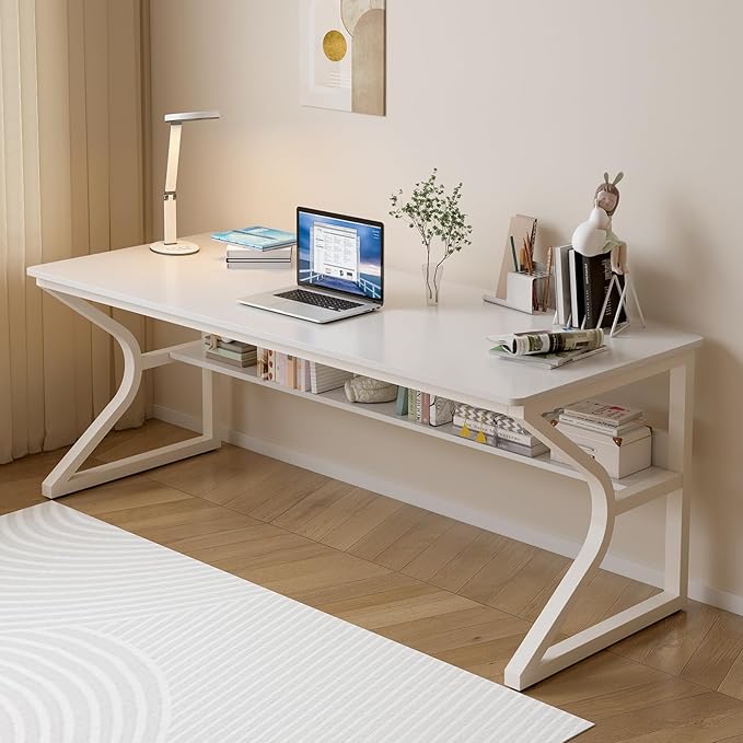 Extra Long Desk with Bookshelf - 71" Double Long Writing Table for 2-Person Workstation