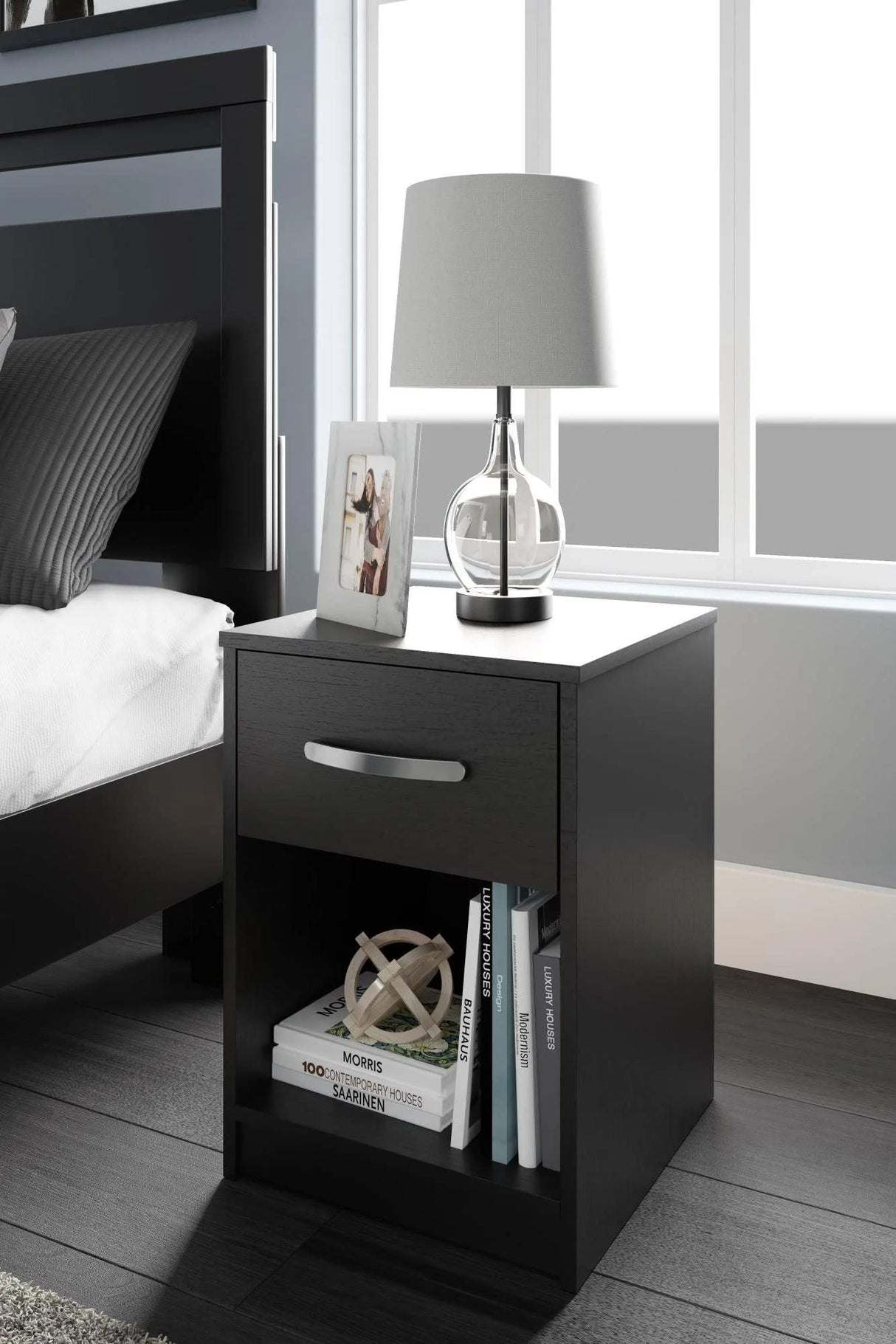 Finch Modern 1 Drawer Night Stand with Open Cubby, Black