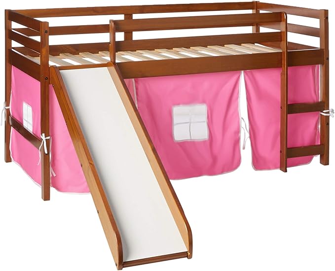 Kids Low Loft Bed with Slide with Tent, Twin, Light Espresso/Pink