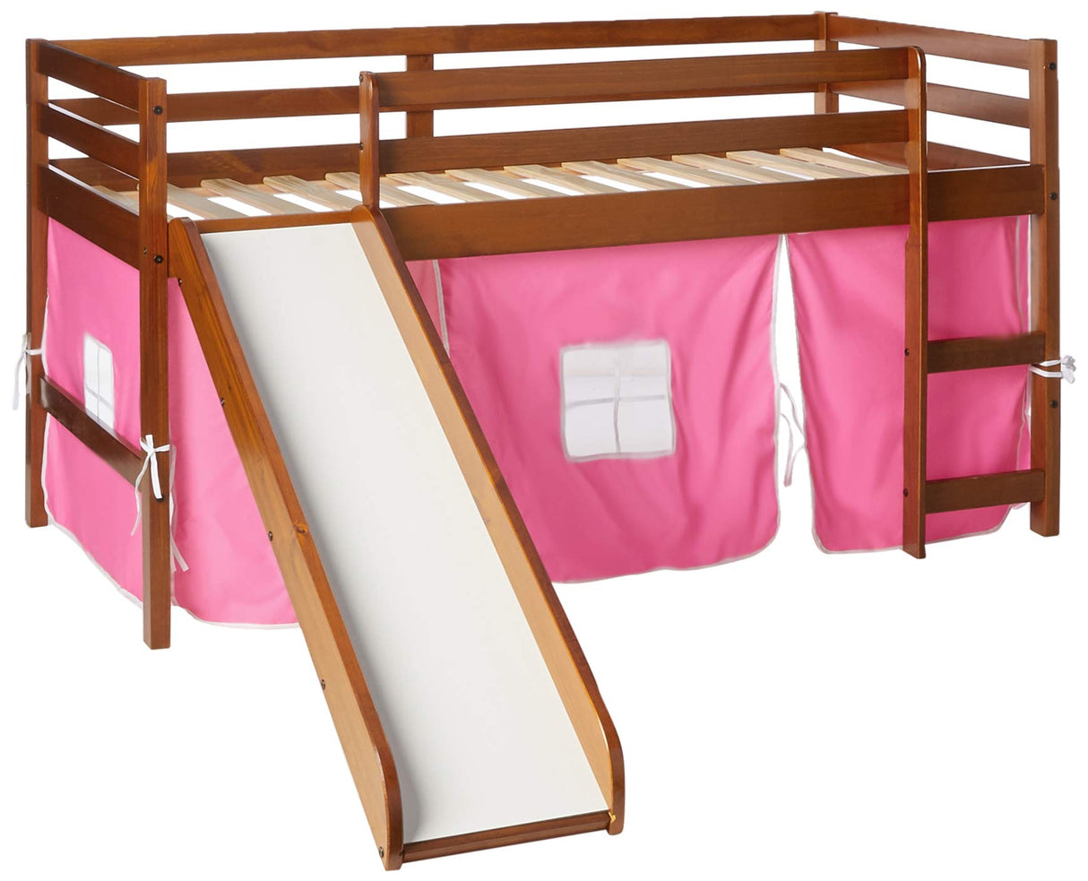 Kids Low Loft Bed with Slide with Tent, Twin, Light Espresso/Pink