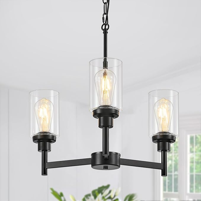 YUEMZS 5-Light Farmhouse Glass Chandelier, Modern Black Chandelier for Living Room Light Fixture, Industrial Chandeliers for Kitchen, Dining Room, Foyer, Entryway