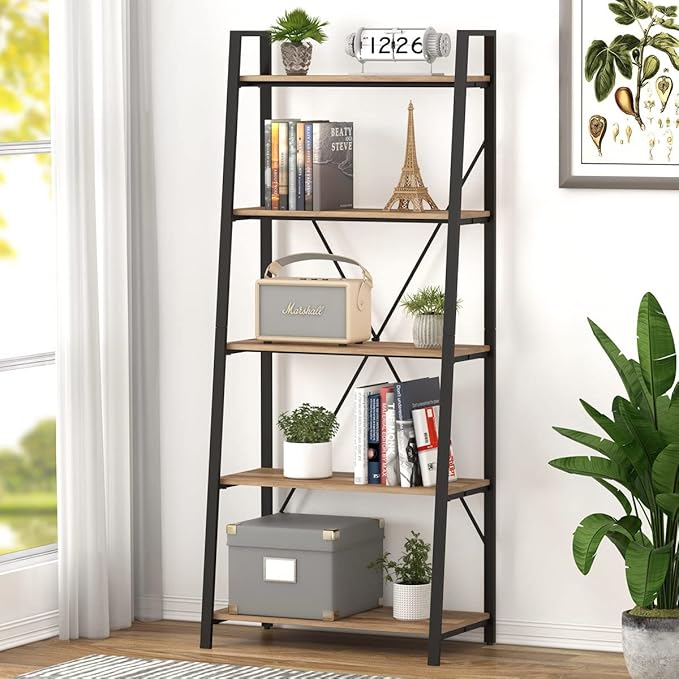 Ladder Shelf Bookcase, 5-Tier Industrial Ladder Bookshelf, Tall Living Room Shelves