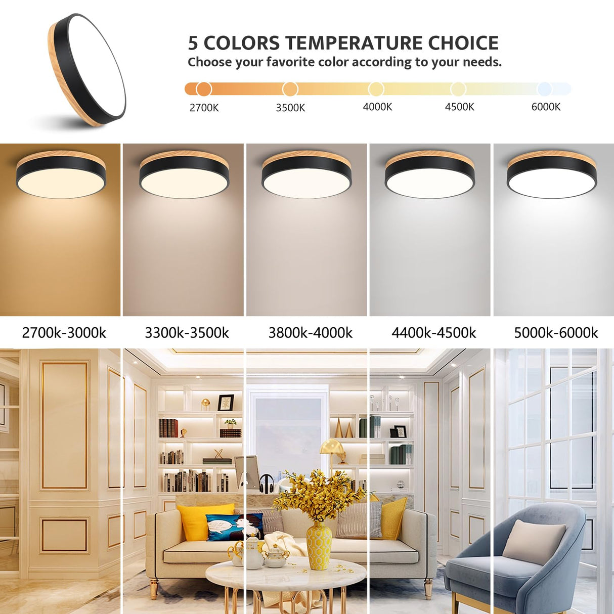 Modern Dimmable Wood LED Close to Ceiling Light, 2700K-6000K 5CCT Round Black