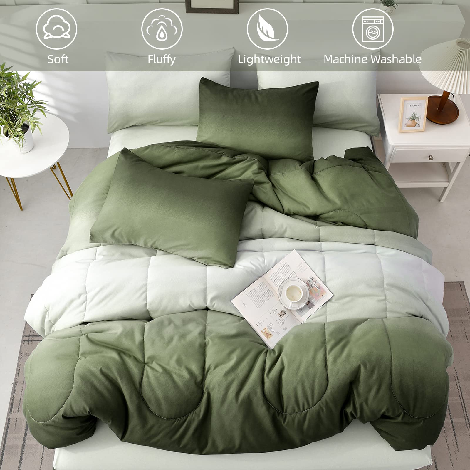 Comforter Set Queen Green 7 Pieces Gradient Olive Green Lightweight Bed in a Bag Queen Size Set