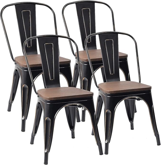 Metal Dining Chairs with Wood Seat, Indoor-Outdoor Use Stackable Chic Dining Bistro