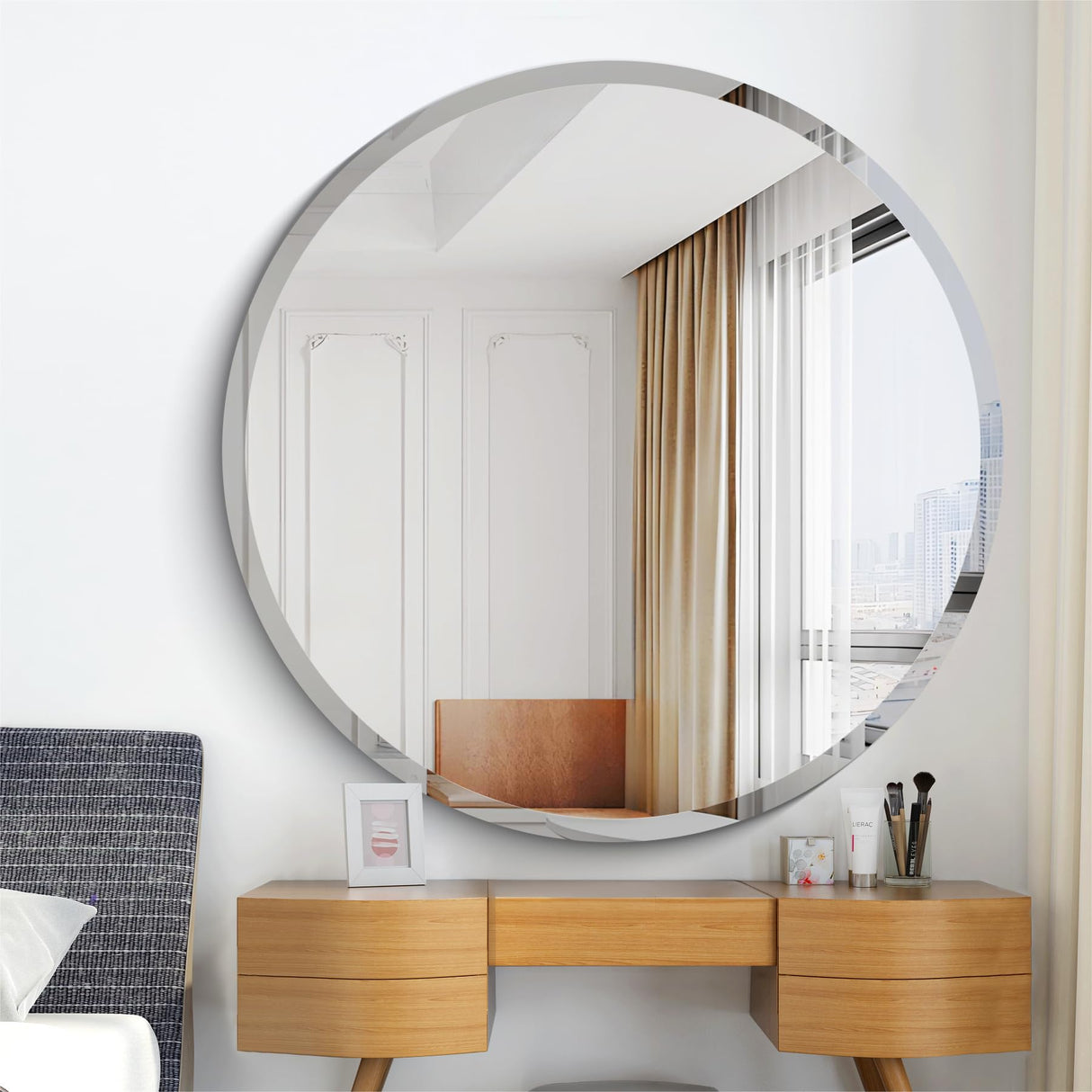 Frameless Round Mirror, 42 inch Beveled Bathroom Mirrors