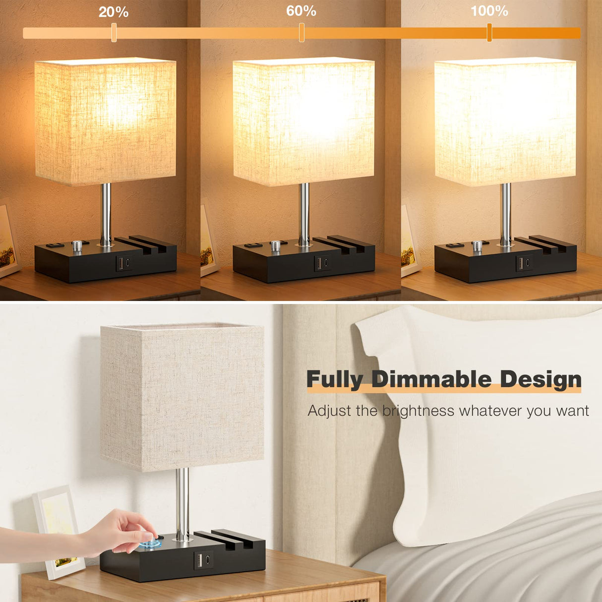 Bedside Lamps for Bedroom Set of 2, Kakanuo Fully Dimmable Small Beige Nightstand Lamps