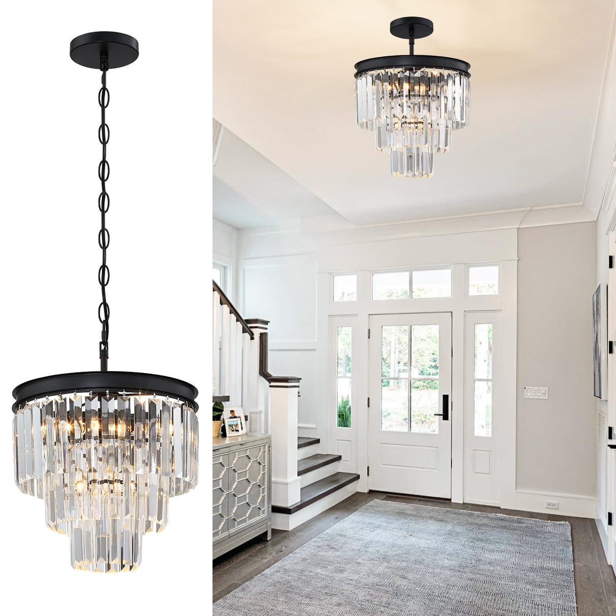 12" Black Crystal Ceiling Light and Chandelier