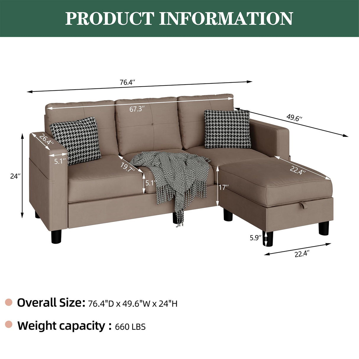 JY QAQA Convertible Sectional Sofa Couch with 3-Seat Sofa, L-Shaped Ottoman Couch with Modern Linen Fabric for Small Living Room, Apartment and Small Space(Brown