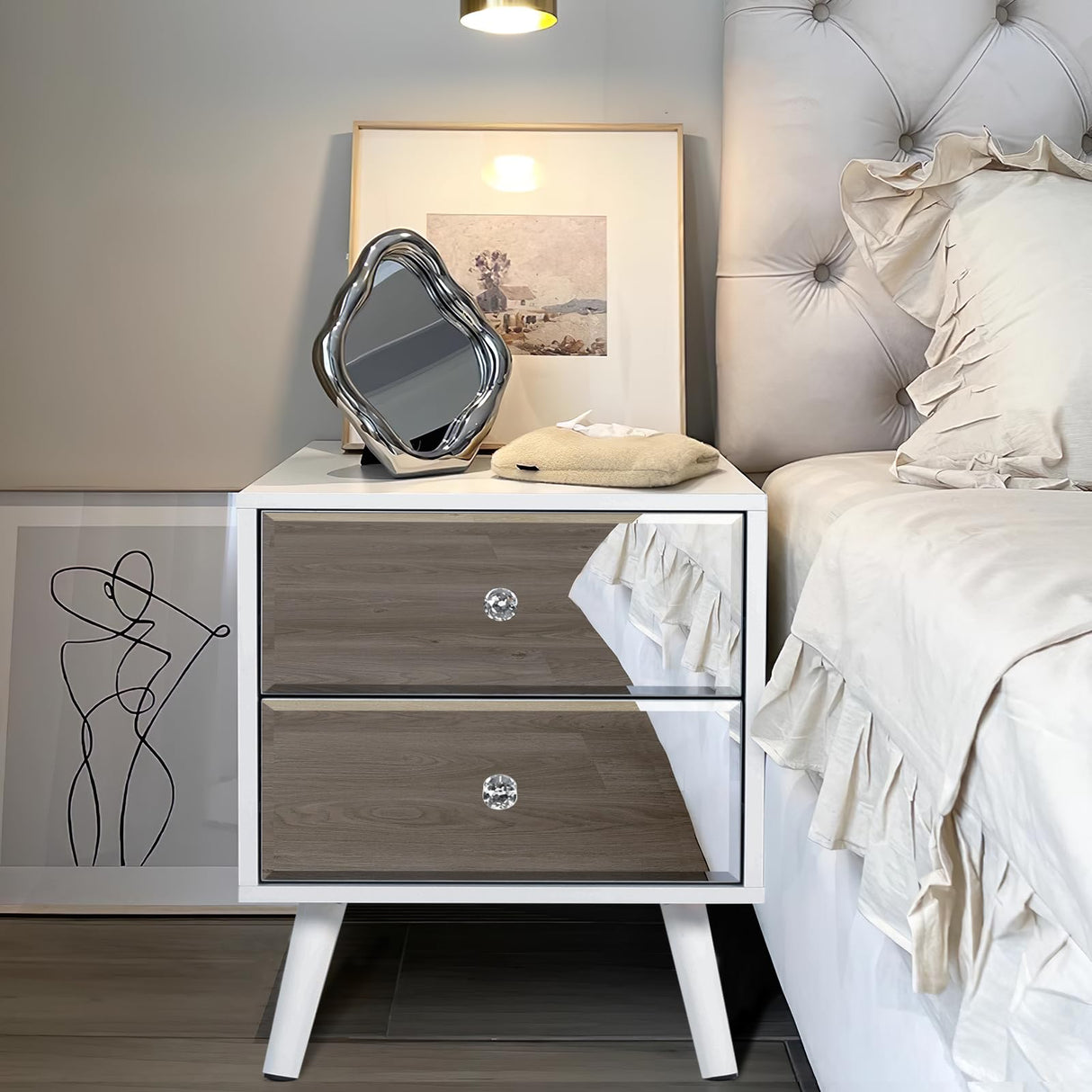 White Nightstand Set of 2, Mirrored Bedside Table Set of 2, Modern Bedroom Night Stands