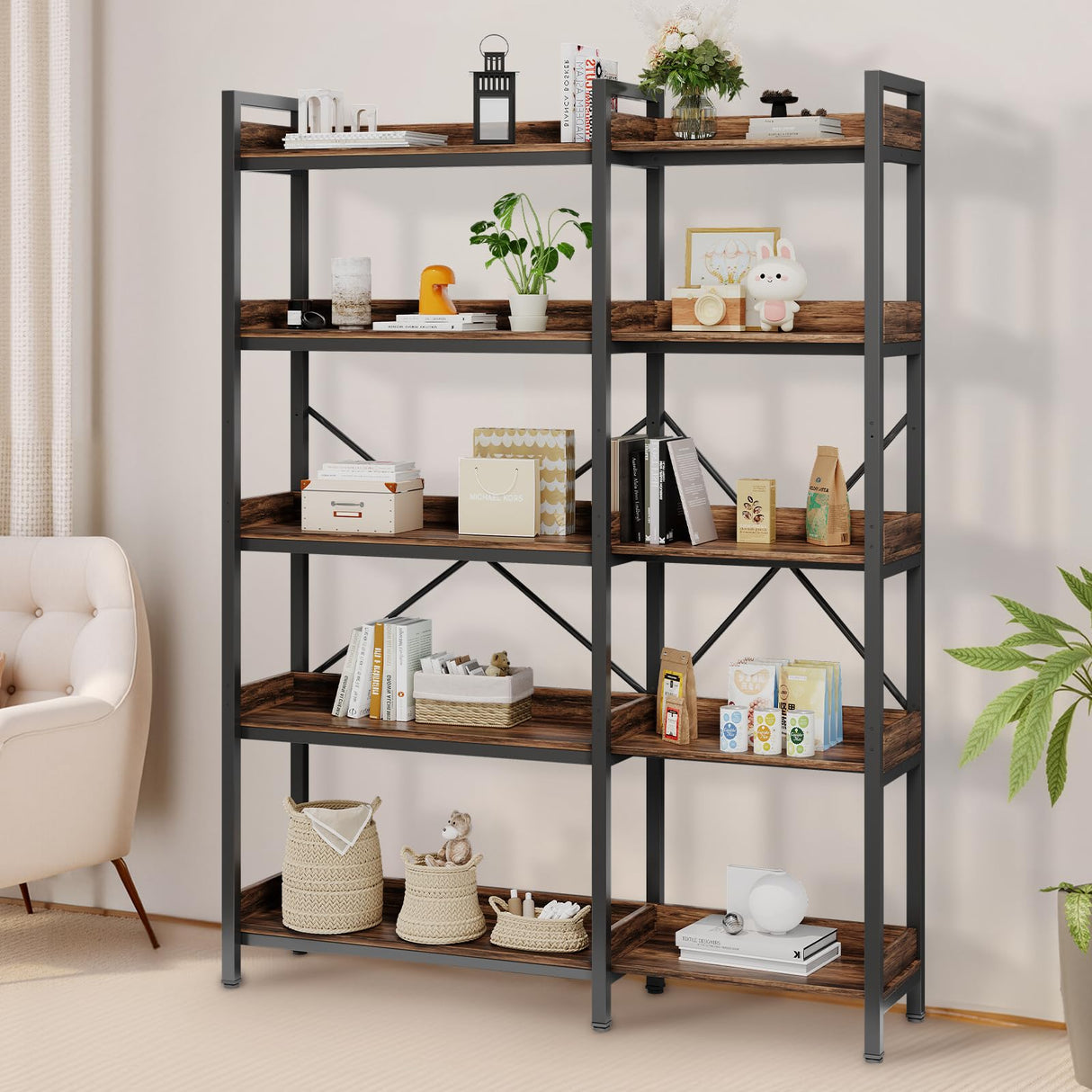 5-Tier Corner Bookshelf - Modern Tall Corner Bookcase with Sturdy Metal Frame, Large