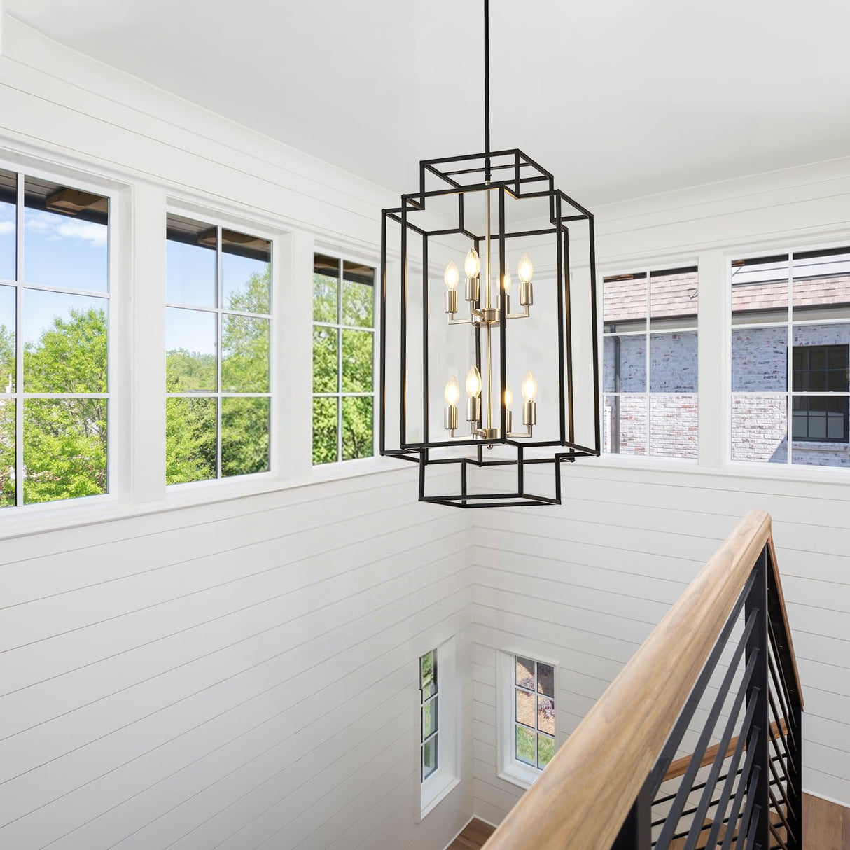 8-Lights Lantern Tiered Pendant Light Fixtures, Black and Silver Foyer Lighting Fixtures