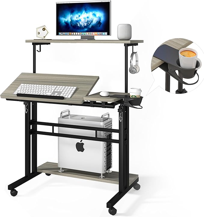 Mobile Standing Desk, Adjustable Rolling Computer Desk with 3 Desktops