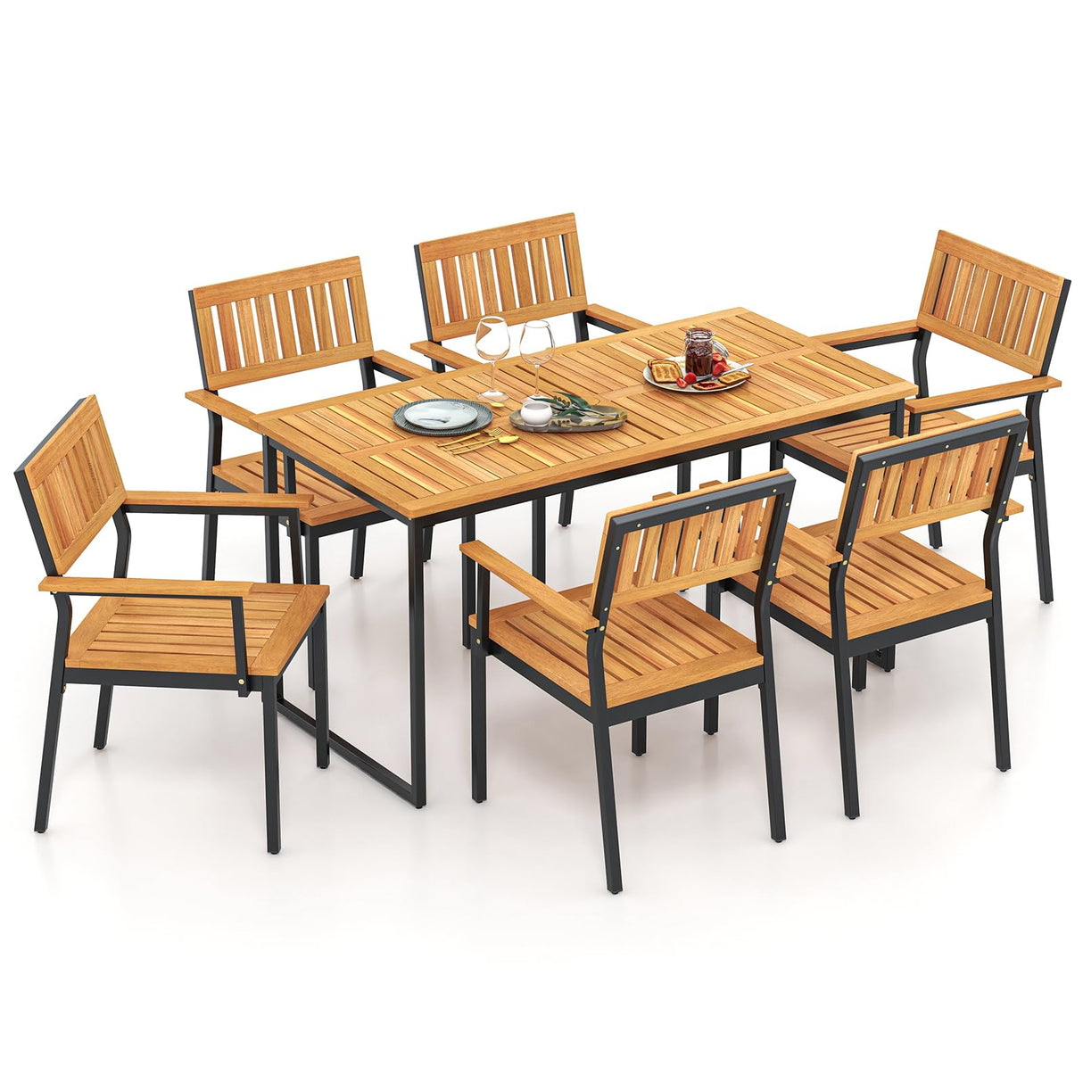 7 Piece Outdoor Dining Set for 6, Acacia Wood Rectangular Dining Table & 6 Armchairs