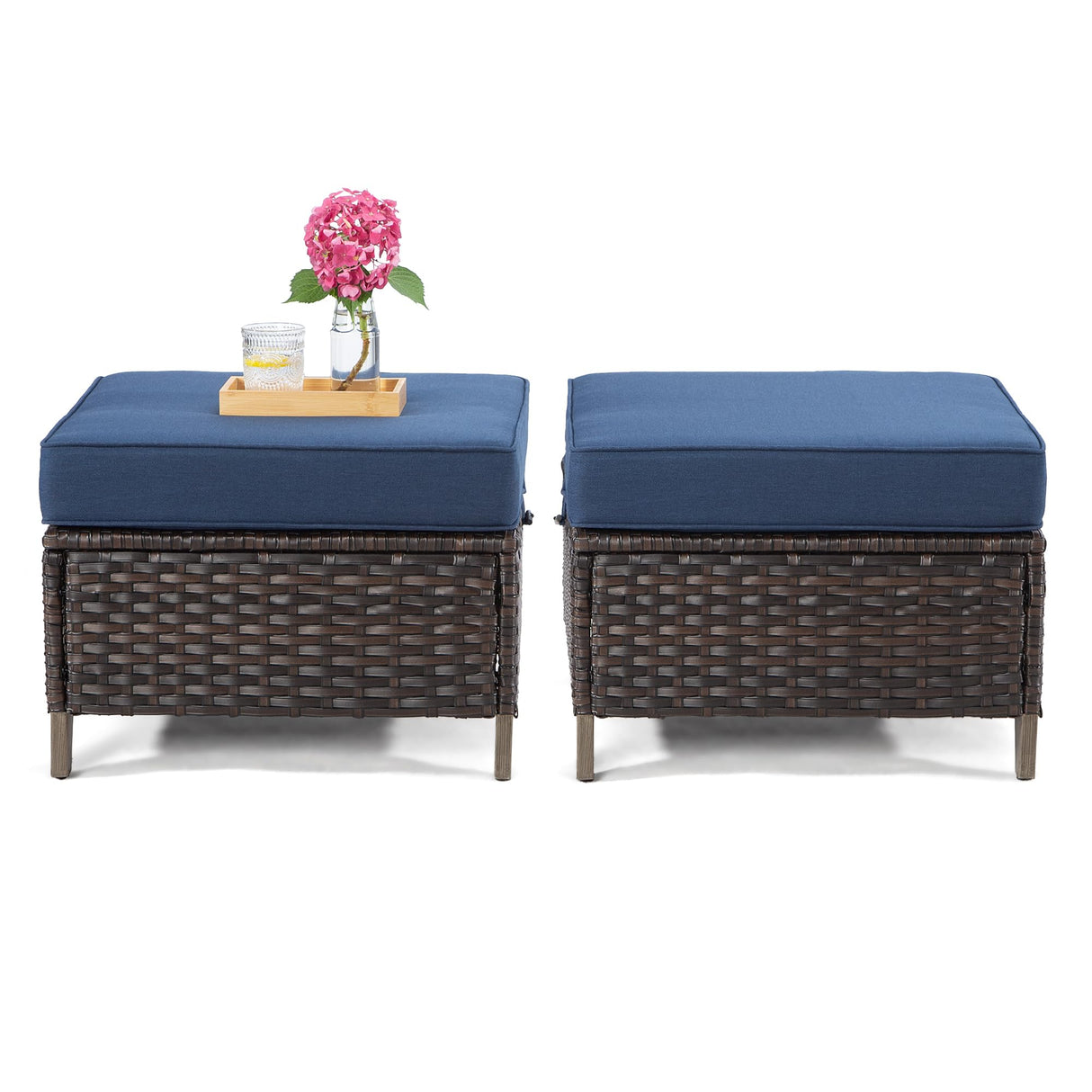 Patio Ottoman Set of 2, All Weather Outdoor Rattan Ottomans Patio Footstools