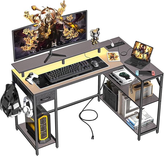 47" L Shaped Computer Desk with LED Light and Power Outlet, Reversible L Shaped Desk