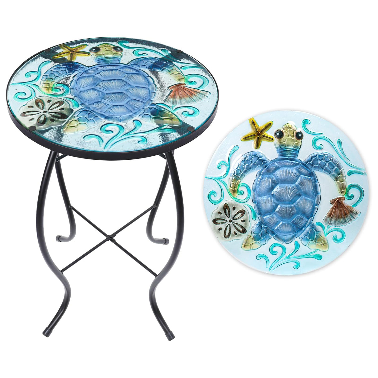 VCUTEKA Patio Side Table Outdoor Accent Table Small Mosaic Table Coffee Table End Table Porch Table Indoor Outdoor Round Glass Balcony Bistro Plant Stands Blue Transparent Turtle 14 inches - Bircata