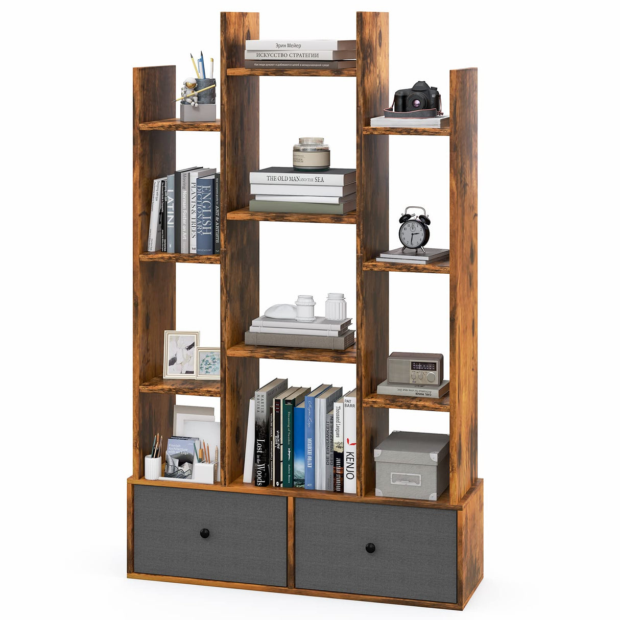 9-Cube Bookcase with 2 Drawers - Industrial Freestanding Open