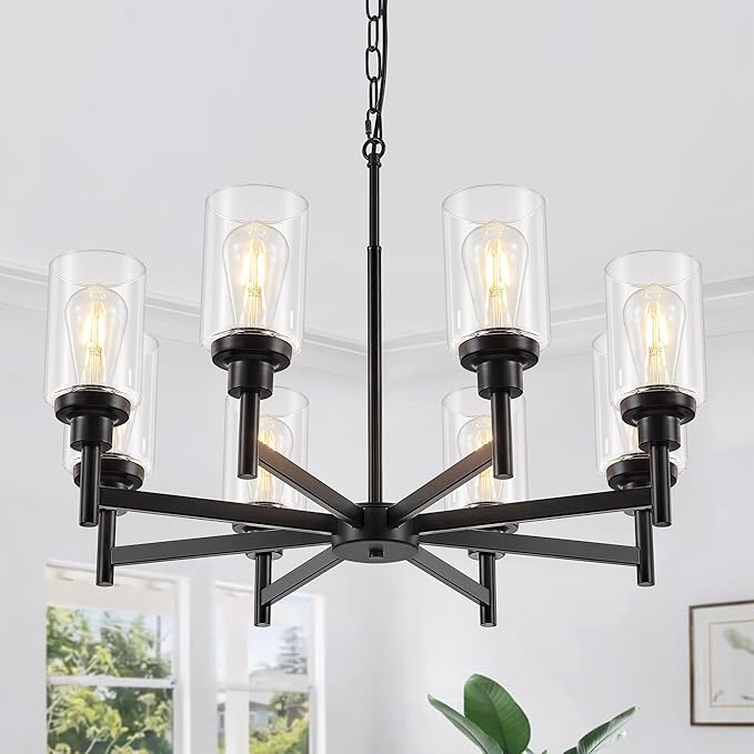 YUEMZS 5-Light Farmhouse Glass Chandelier, Modern Black Chandelier for Living Room Light Fixture, Industrial Chandeliers for Kitchen, Dining Room, Foyer, Entryway