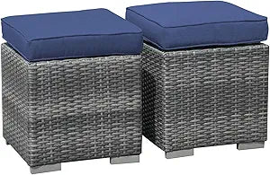 2 Pieces Assembled Outdoor Patio Ottoman, Indoor Outdoor All-Weather Grey Wicker