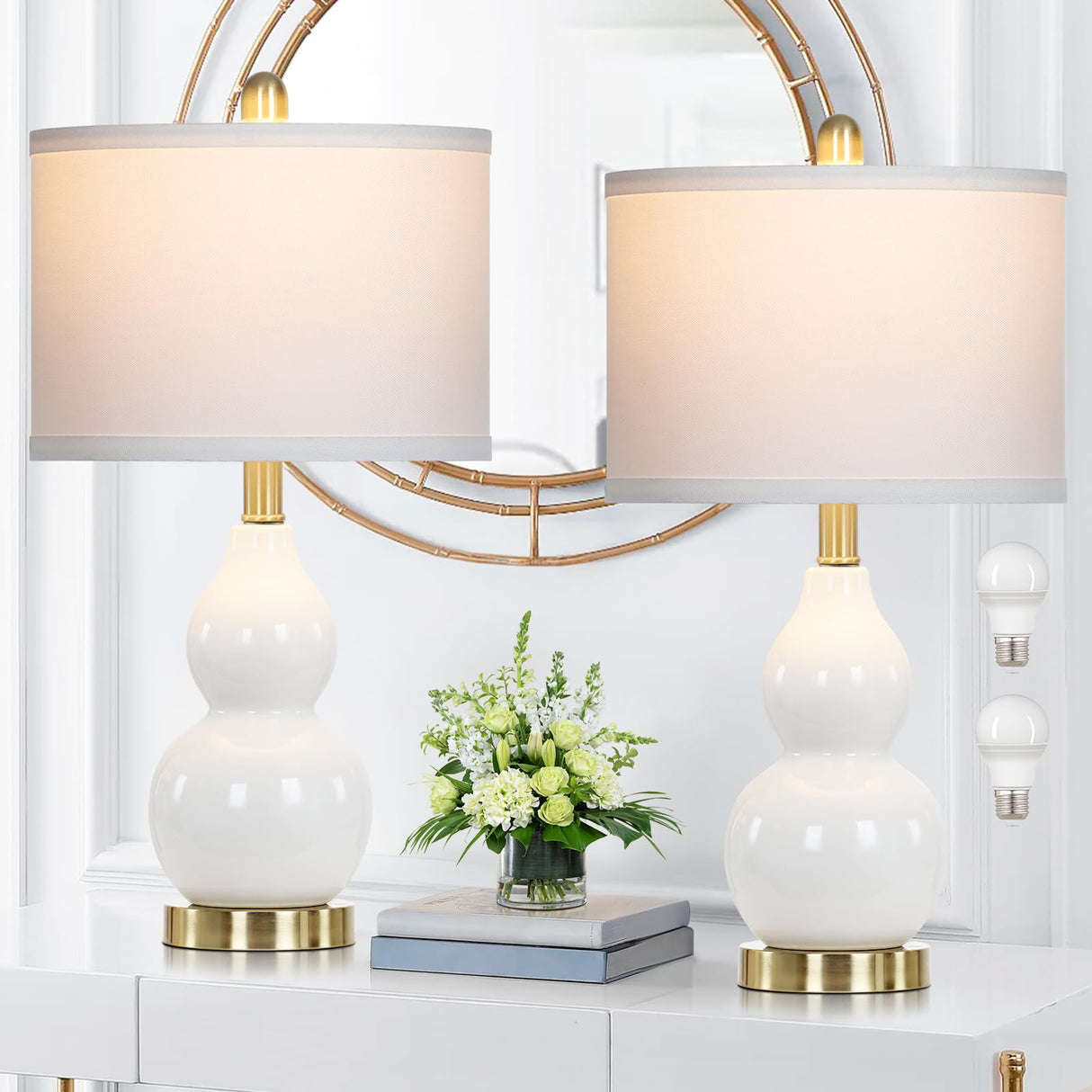 Double Gourd Ceramic Table Lamps Set of 2, Modern White Bedside Lamps for Night Stand