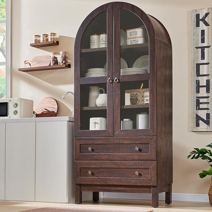 71" Tall Arched Kitchen Pantry, Modern Farmhouse Wood Kitchens Storage Cabinets