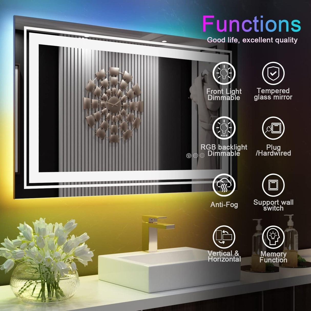 LED Mirror for Bathroom, with 8 RGB Backlit