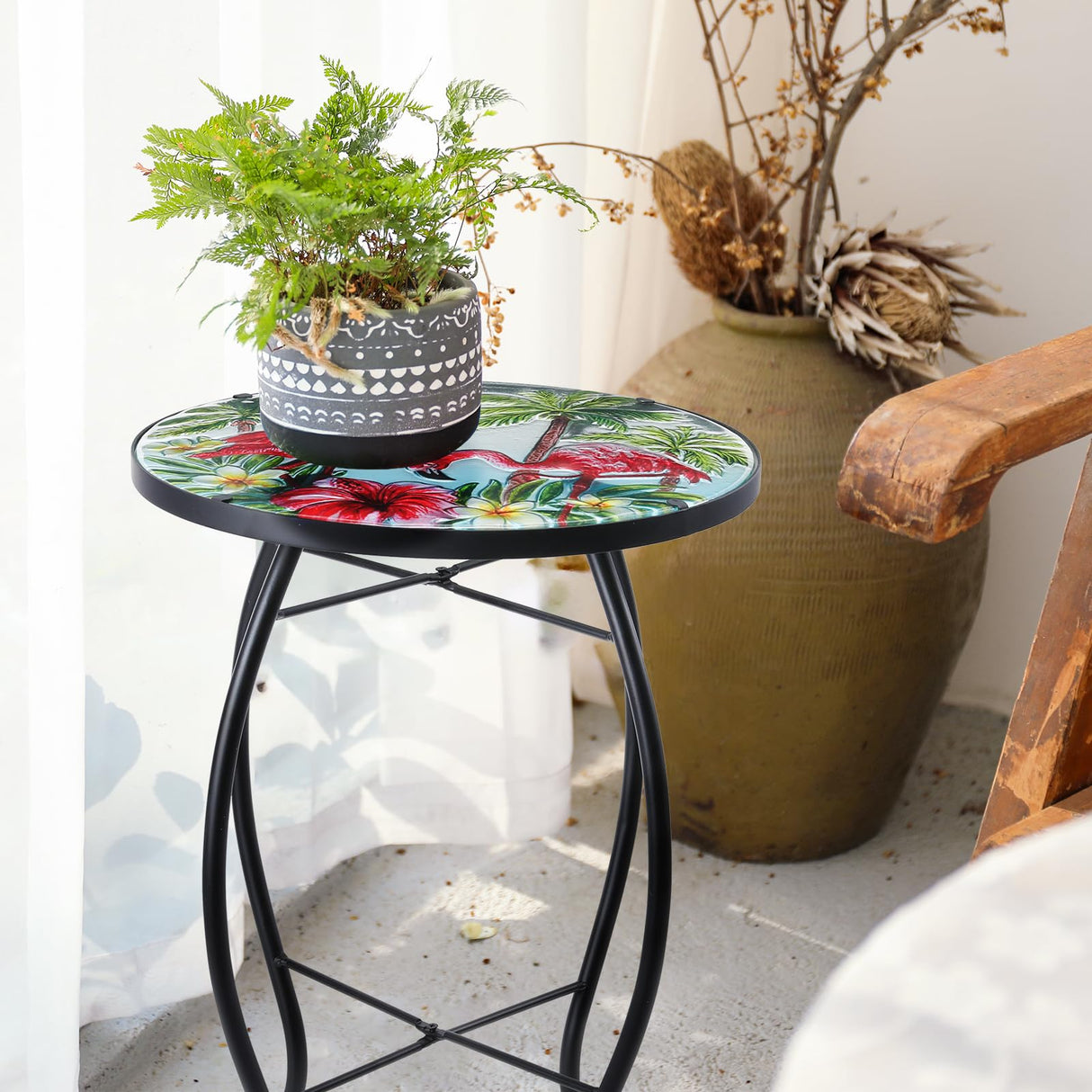 VCUTEKA Patio Side Table Outdoor Accent Table Small Mosaic Table Coffee Table End Table Porch Table Indoor Outdoor Round Glass Balcony Bistro Plant Stands Three Flamingos 14 inches - Bircata