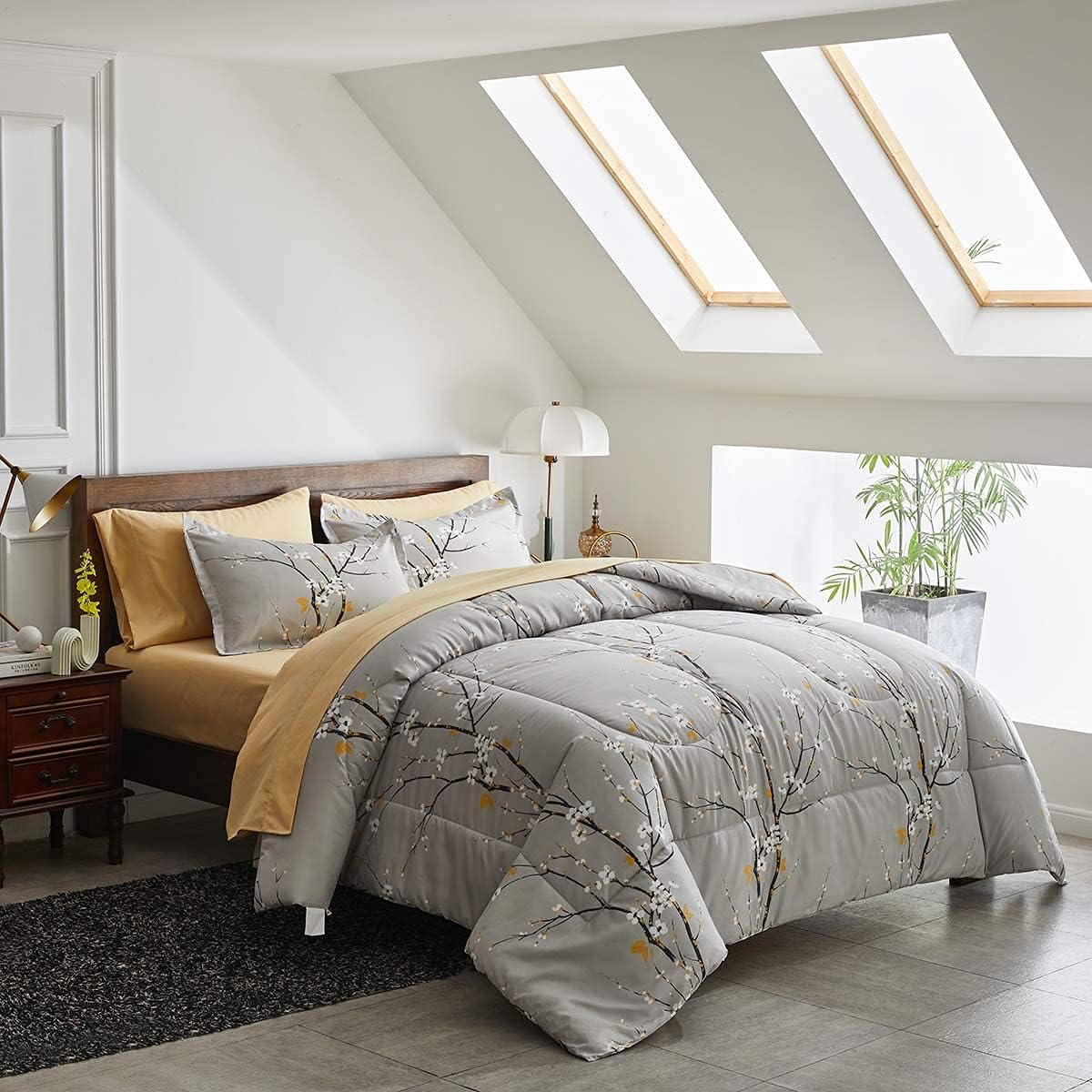 Gray Comforter Sheet Set Bed in a Bag 7 Pieces King Size Tree Branch Bloom Flower Spring Summer Bedding Set (1 Comforter 2 Pillow Shams 1 Tan Flat Sheet 1 Fitted Sheet 2 Pillowcases)