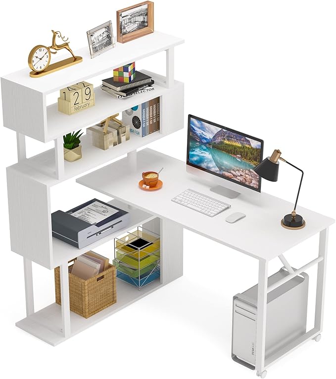 Rotating Computer Desk with 5 Shelves Bookshelf, Modern L-Shaped Corner Desk