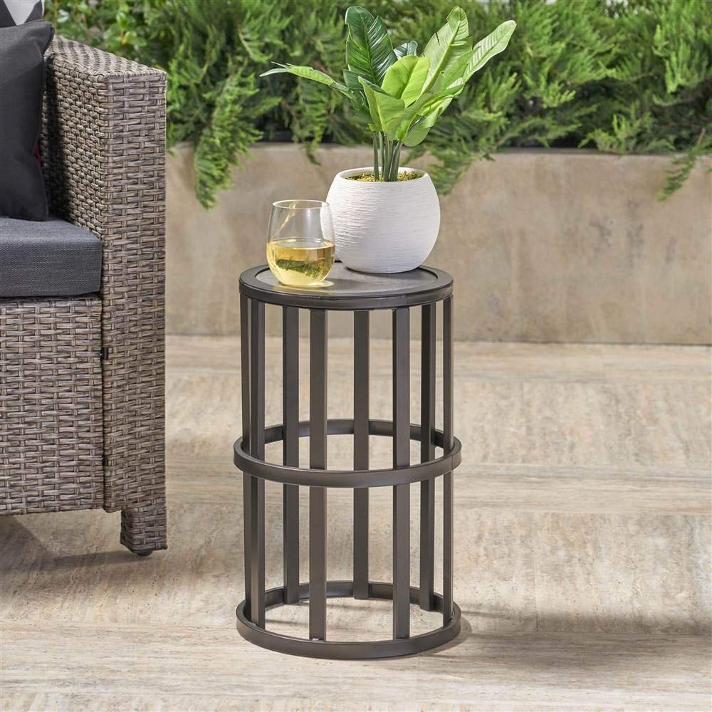 Truda Outdoor 11 Inch Grey Finish Ceramic Tile Side Table, Black Metal