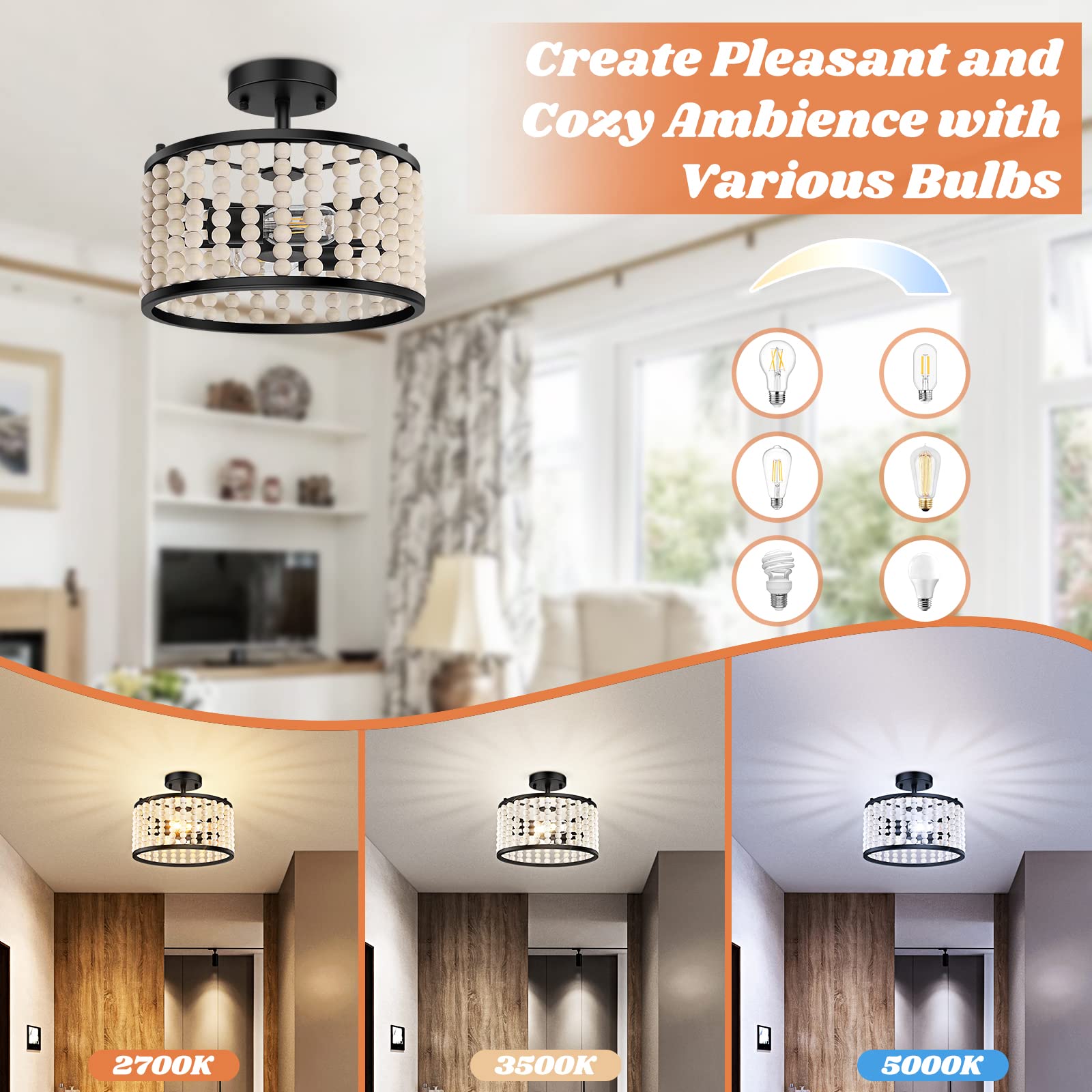 Farmhouse Boho Light Fixture - Wood Beaded Chandelier, Rustic Semi Flush Mount Ceiling Light, Black 2-Light Nursery Light Fixture for Kitchen Island Foyer Hallway Bedroom Living Room, E26 Base