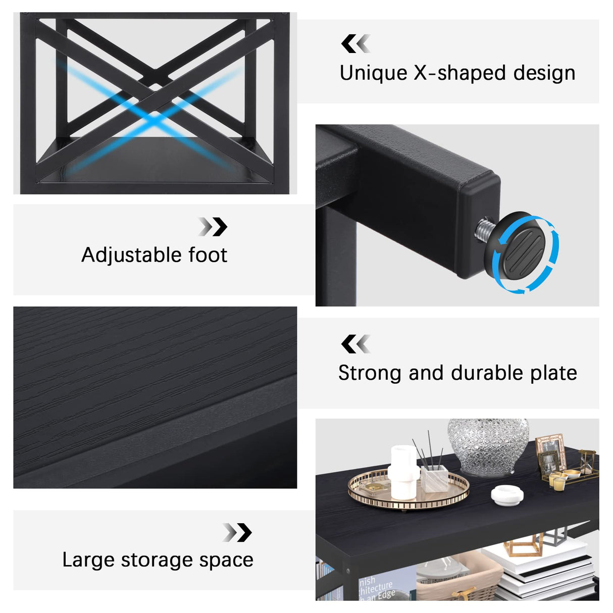 Living Room Coffee Table Set of 3, Industrial X-Design Coffee Table and 2 End Side