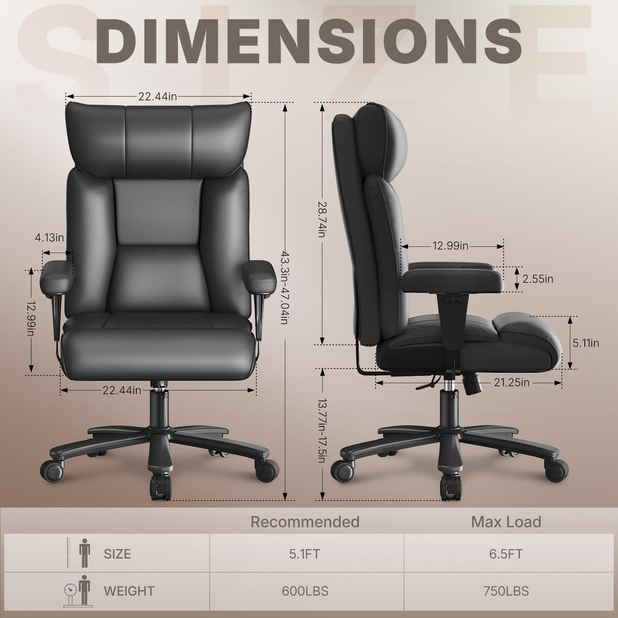 Ergonomic Big and Tall Office Chair - 750lbs Capacity High Back Executive Chair