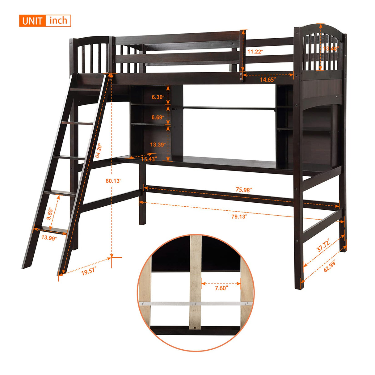 Kids Loft Beds, Twin Loft Bed with Desk, Wood High Loft Bed with Bookcase Shelves for Dorm, Boys & Girls Teens Adults, Espresso