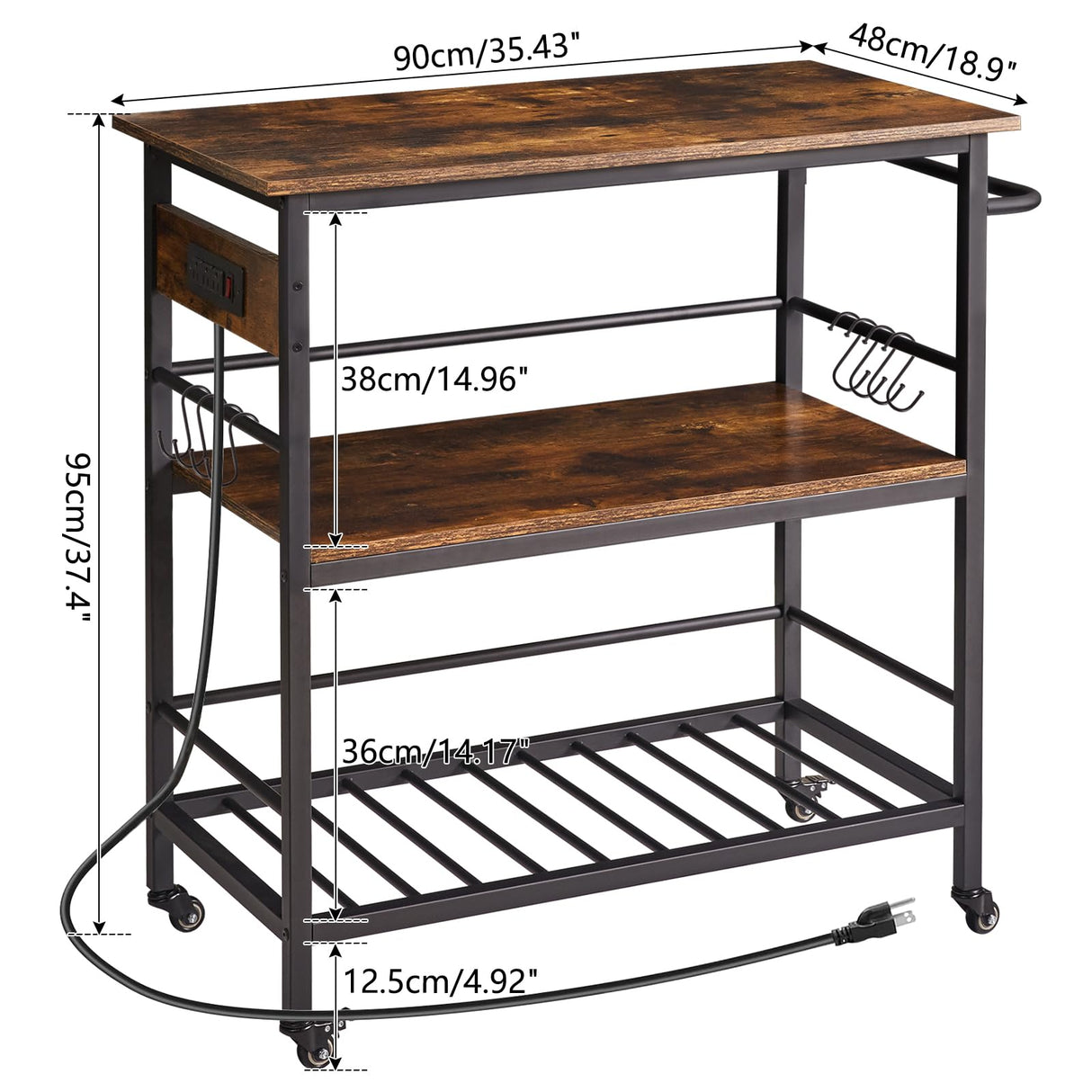 Kitchen Island with 3 Shelves, Island Table for Kitchen with Power Outlet,Kitchen Cart